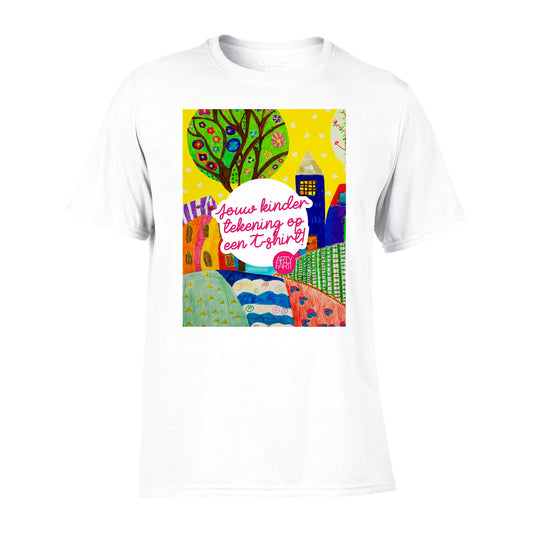 Jouw kindertekening op een uniseks T-shirt met ronde hals