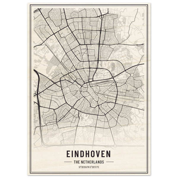 Eindhoven kaart op hout - natuurlijke textuur! 50x70 cm / 20x28″ - Verticaal - 20 mm