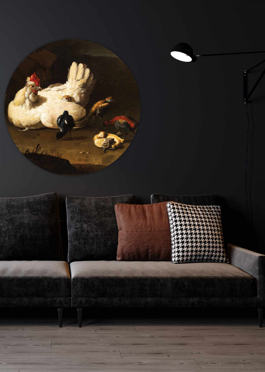 Een kip en haar kuikens met een duif tijdens de vlucht - Melchior d'Hondecoeter