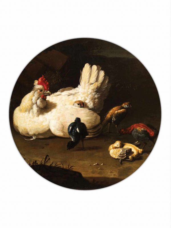 Een kip en haar kuikens met een duif tijdens de vlucht - Melchior d'Hondecoeter