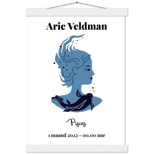 Sterrenbeeld Poster PISCES - VISSEN | Gepersonaliseerd | mat papier poster met houten hanger