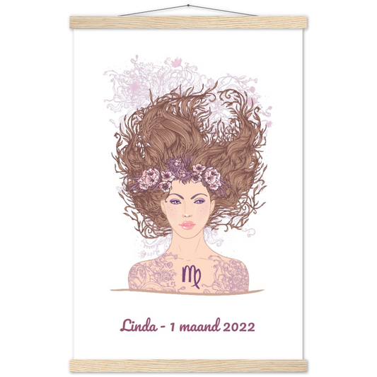 Sterrenbeeld Poster VIRGO - MAAGD | Gepersonaliseerd | mat papier poster met houten hanger