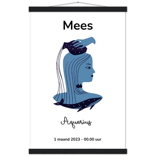 Sterrenbeeld Poster AQUARIUS - WATERMAN | Gepersonaliseerd | mat papier poster met houten hanger