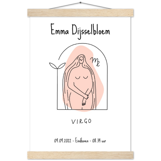 Sterrenbeeld poster VIRGO - MAAGD | Geboorteposter | Gepersonaliseerd | mat papier poster met houten hanger