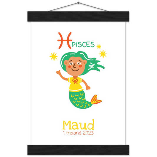 Sterrenbeeld Poster PISCES - VISSEN | Gepersonaliseerd | mat papier poster met houten hanger
