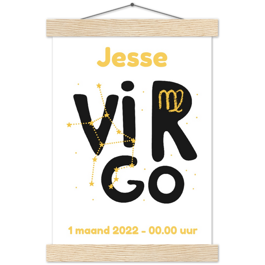 Sterrenbeeld Poster VIRGO - MAAGD | Gepersonaliseerd | mat papier poster met houten hanger