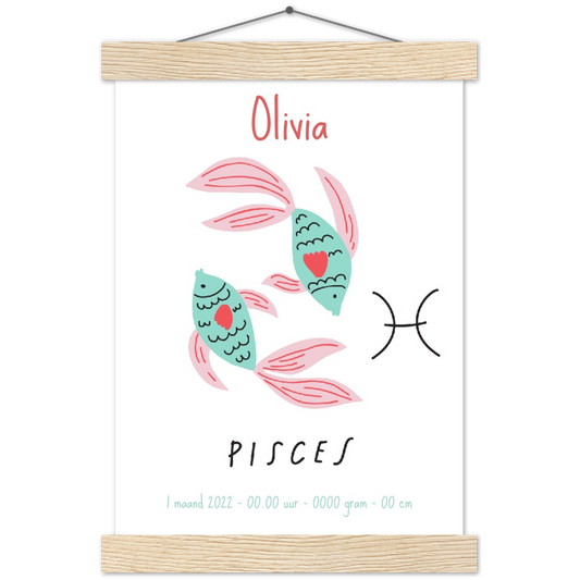 Sterrenbeeld Poster PISCES - VISSEN | Gepersonaliseerd | mat papier poster met houten hanger