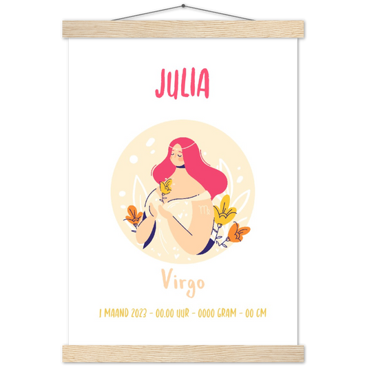Sterrenbeeld Poster VIRGO - MAAGD | Gepersonaliseerd | mat papier poster met houten hanger