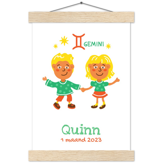 Sterrenbeeld Poster TWINS - TWEELING | Gepersonaliseerd | mat papier poster met houten hanger