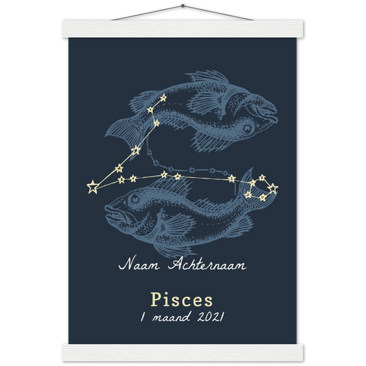 Sterrenbeeld poster PISCES - VISSEN | Geboorteposter | Gepersonaliseerd | mat papier poster met houten hanger