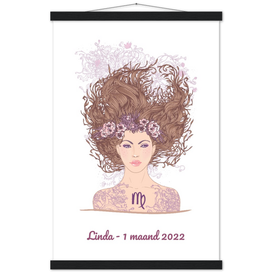 Sterrenbeeld Poster VIRGO - MAAGD | Gepersonaliseerd | mat papier poster met houten hanger