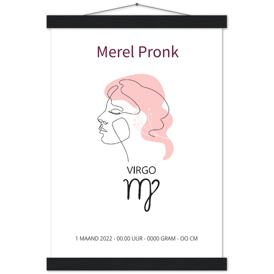 Sterrenbeeld Poster VIRGO - MAAGD | Gepersonaliseerd | mat papier poster met houten hanger