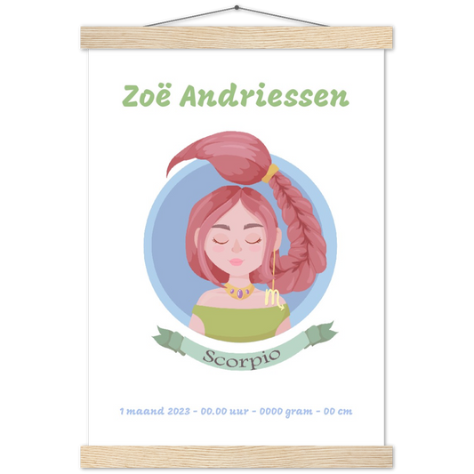 Sterrenbeeld Poster SCORPIO - SCHORPIOEN | Gepersonaliseerd | mat papier poster met houten hanger