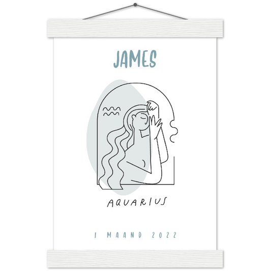 Sterrenbeeld Poster AQUARIUS - WATERMAN | Gepersonaliseerd | mat papier poster met houten hanger