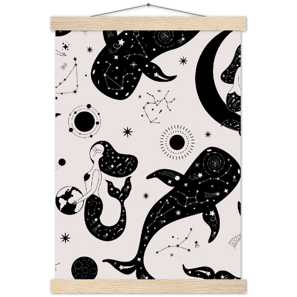 Zwemmen tussen de sterren | mat papier poster met houten hanger