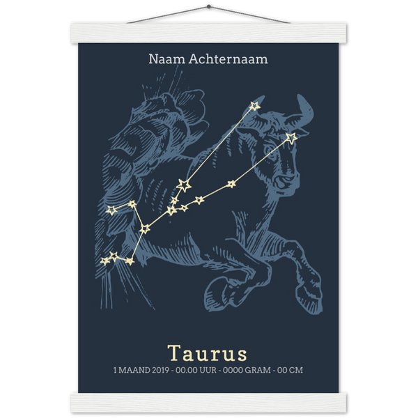 Sterrenbeeld poster TAURUS - STIER | Geboorteposter | Gepersonaliseerd | mat papier poster met houten hanger