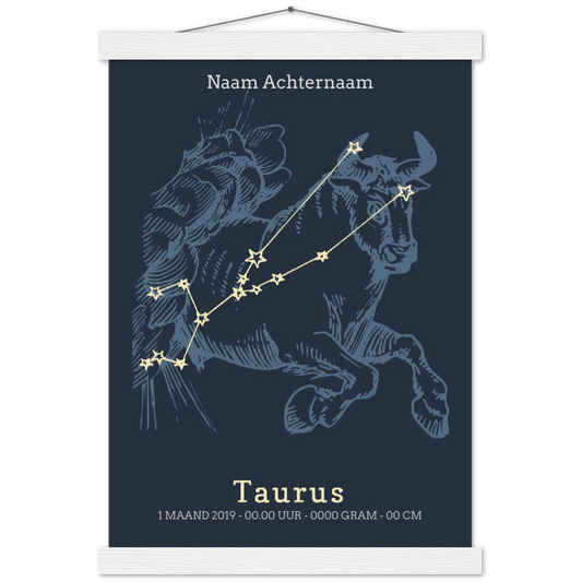 Sterrenbeeld poster TAURUS - STIER | Geboorteposter | Gepersonaliseerd | mat papier poster met houten hanger
