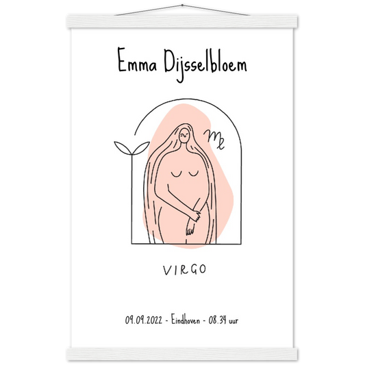 Sterrenbeeld poster VIRGO - MAAGD | Geboorteposter | Gepersonaliseerd | mat papier poster met houten hanger