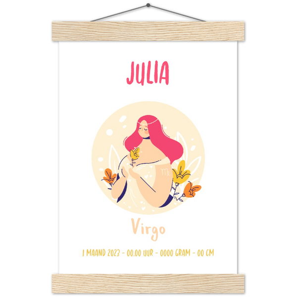 Sterrenbeeld Poster VIRGO - MAAGD | Gepersonaliseerd | mat papier poster met houten hanger