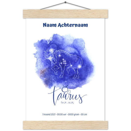 Sterrenbeeld Poster TAURUS - STIER | Gepersonaliseerd | mat papier poster met houten hanger