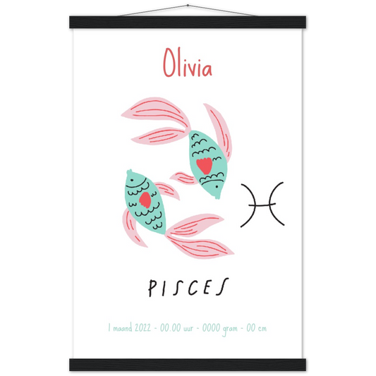 Sterrenbeeld Poster PISCES - VISSEN | Gepersonaliseerd | mat papier poster met houten hanger