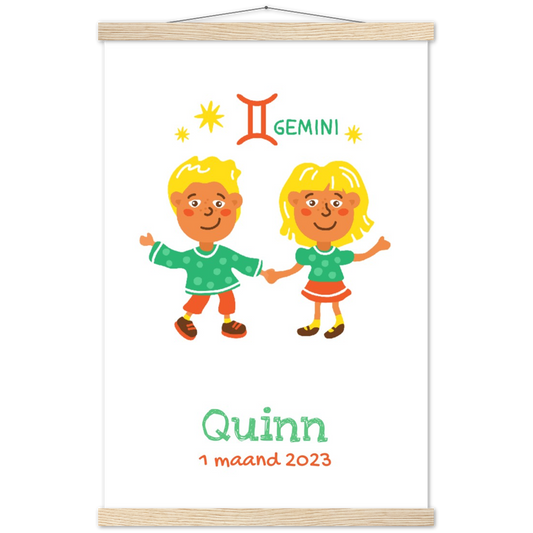 Sterrenbeeld Poster TWINS - TWEELING | Gepersonaliseerd | mat papier poster met houten hanger