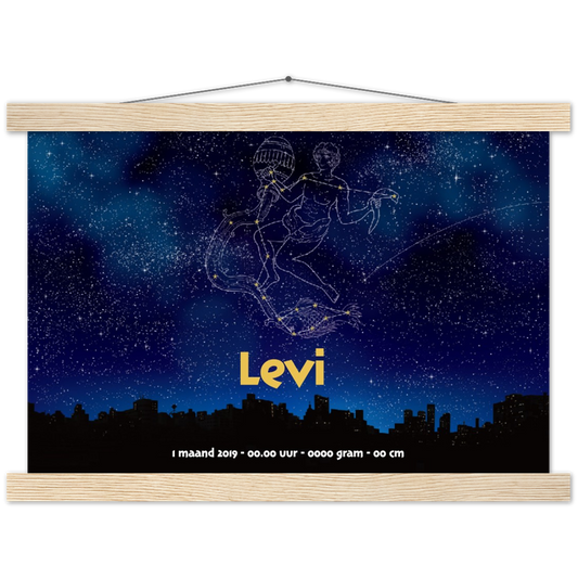 Sterrenbeeld Poster AQUARIUS - WATERMAN | Gepersonaliseerd | mat papier poster met houten hanger