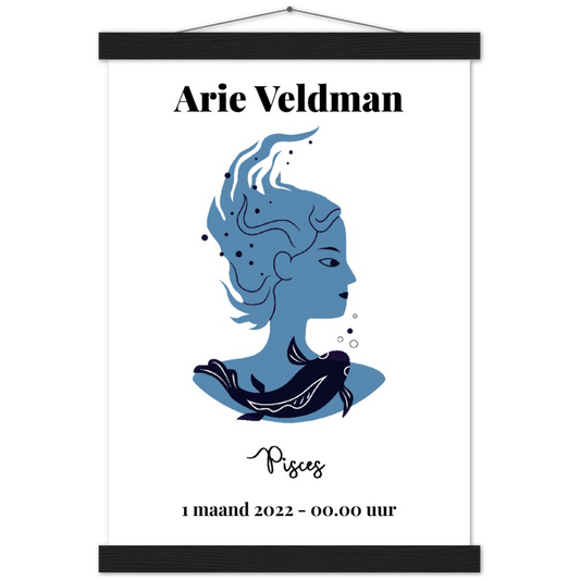 Sterrenbeeld Poster PISCES - VISSEN | Gepersonaliseerd | mat papier poster met houten hanger