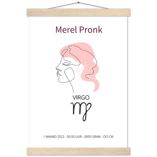 Sterrenbeeld Poster VIRGO - MAAGD | Gepersonaliseerd | mat papier poster met houten hanger