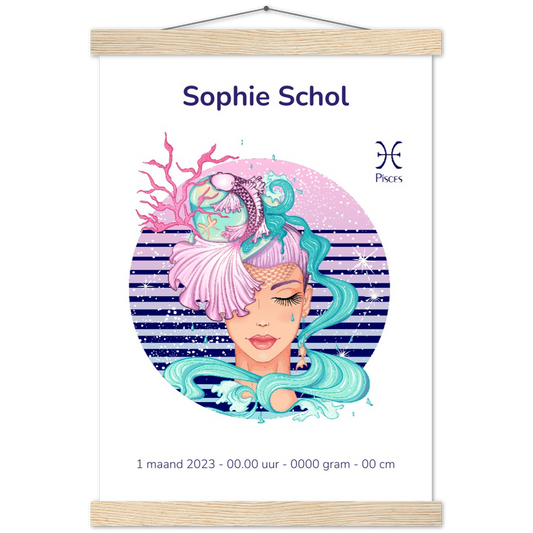Sterrenbeeld Poster PISCES - VISSEN | Gepersonaliseerd | mat papier poster met houten hanger