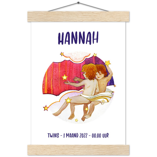 Sterrenbeeld Poster TWINS - TWEELING | Gepersonaliseerd | mat papier poster met houten hanger