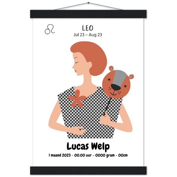 Sterrenbeeld Poster LEO - LEEUW | Gepersonaliseerd | mat papier poster met houten hanger