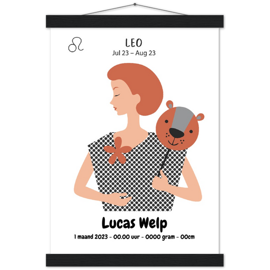 Sterrenbeeld Poster LEO - LEEUW | Gepersonaliseerd | mat papier poster met houten hanger