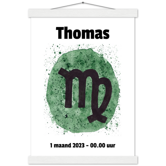 Sterrenbeeld Poster VIRGO - MAAGD | Gepersonaliseerd | mat papier poster met houten hanger