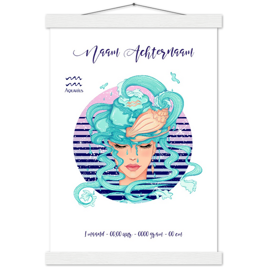 Sterrenbeeld Poster AQUARIUS - WATERMAN | Gepersonaliseerd | mat papier poster met houten hanger