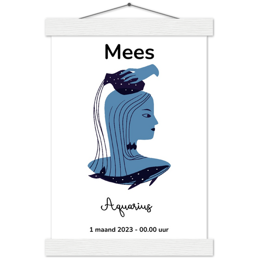 Sterrenbeeld Poster AQUARIUS - WATERMAN | Gepersonaliseerd | mat papier poster met houten hanger