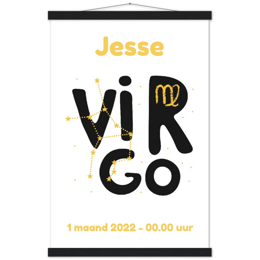 Sterrenbeeld Poster VIRGO - MAAGD | Gepersonaliseerd | mat papier poster met houten hanger