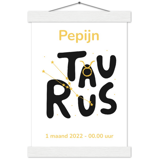 Sterrenbeeld Poster TAURUS - STIER | Gepersonaliseerd | mat papier poster met houten hanger
