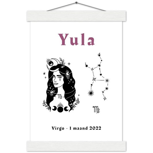 Sterrenbeeld Poster VIRGO - MAAGD | Gepersonaliseerd | mat papier poster met houten hanger