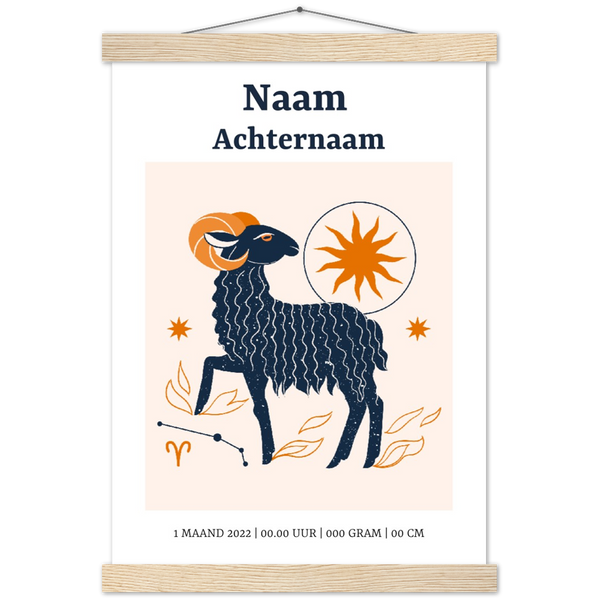 Sterrenbeeld poster Ram | Geboorteposter | Gepersonaliseerd | mat papier poster met houten hanger
