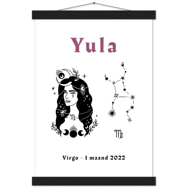 Sterrenbeeld Poster VIRGO - MAAGD | Gepersonaliseerd | mat papier poster met houten hanger