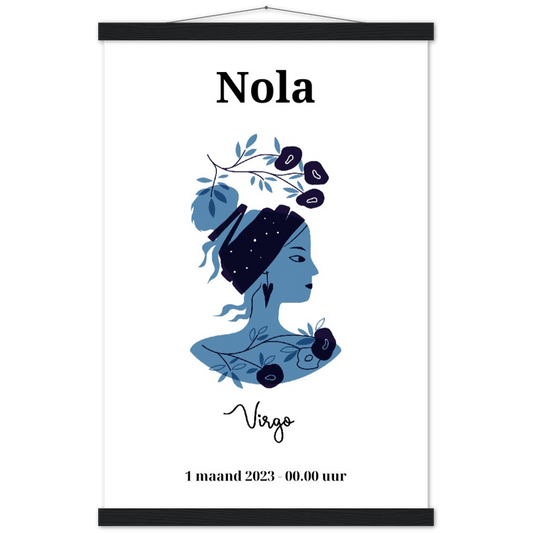 Sterrenbeeld Poster VIRGO - MAAGD | Gepersonaliseerd | mat papier poster met houten hanger
