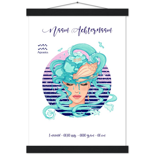 Sterrenbeeld Poster AQUARIUS - WATERMAN | Gepersonaliseerd | mat papier poster met houten hanger