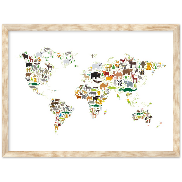 Animal world map | poster | mat papier | houten lijst