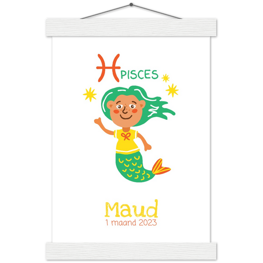 Sterrenbeeld Poster PISCES - VISSEN | Gepersonaliseerd | mat papier poster met houten hanger