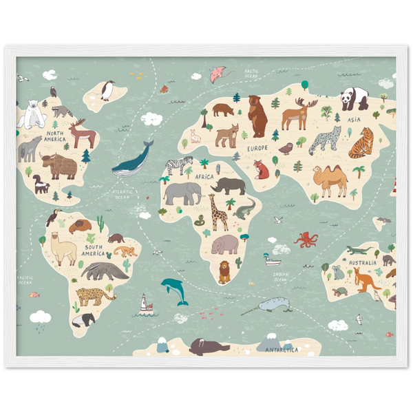 Children's animal world map | poster | mat papier | houten lijst