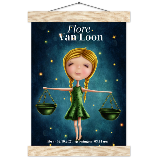 Sterrenbeeld poster LIBRA - WEEGSCHAAL | Geboorteposter | Gepersonaliseerd | mat papier poster met houten hanger