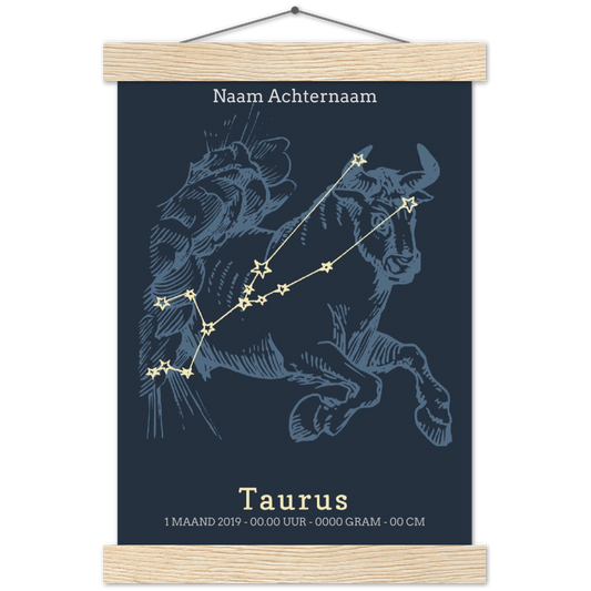Sterrenbeeld poster TAURUS - STIER | Geboorteposter | Gepersonaliseerd | mat papier poster met houten hanger