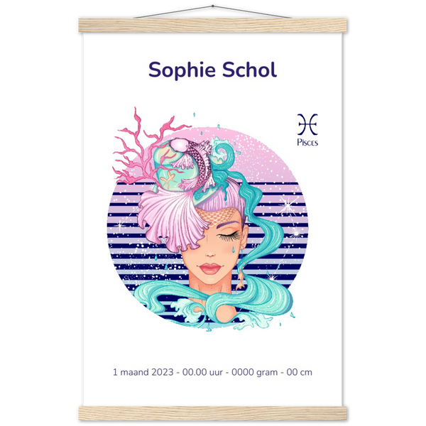 Sterrenbeeld Poster PISCES - VISSEN | Gepersonaliseerd | mat papier poster met houten hanger