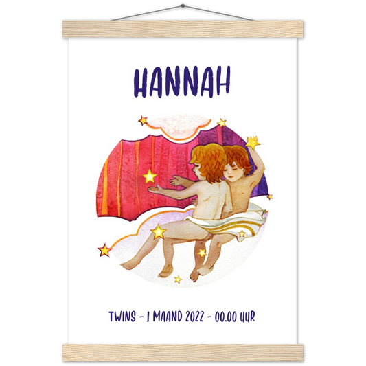 Sterrenbeeld Poster TWINS - TWEELING | Gepersonaliseerd | mat papier poster met houten hanger
